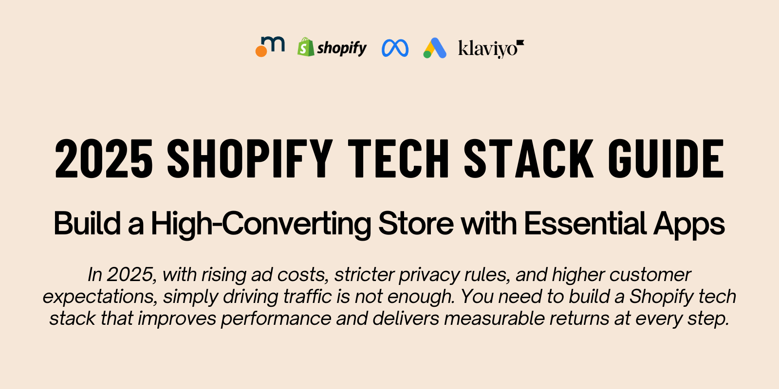 025 Shopify Tech Stack Guide banner with logos of Shopify, Klaviyo, Meta, and Google Ads. Text highlights how to build a high-converting Shopify store using essential apps to boost performance, increase conversions, and navigate rising ad costs and privacy changes.