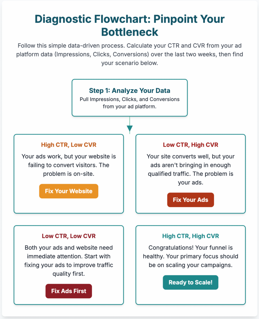 Flowchart showcasing how to diagonse eCommerce conversion rate optimization on shopify stores.
