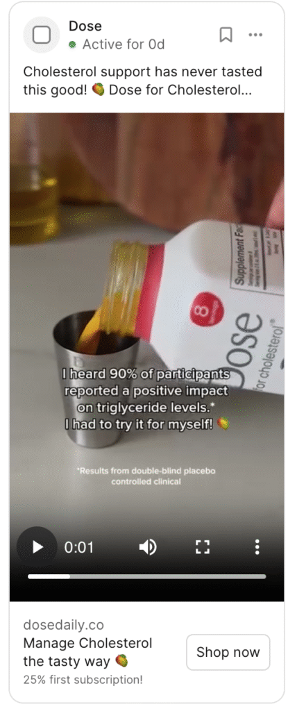 Graphic showcasing Number/Statistic Hooks example of a Meta Ad hook UGC video from the brand Daily Dose.