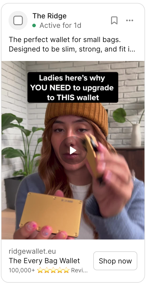 Graphic showcasing example of a personalized Meta ad hook from the wallet brand The Ridge.