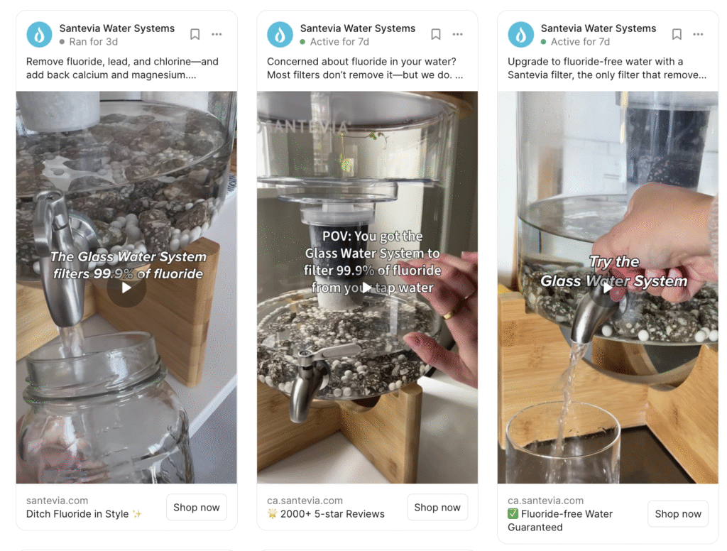Facebook creative fatigue example: Santevia Water Systems testing ad fatigue solutions with multiple video creatives, filtering high-frequency performers for better Facebook ad optimization.