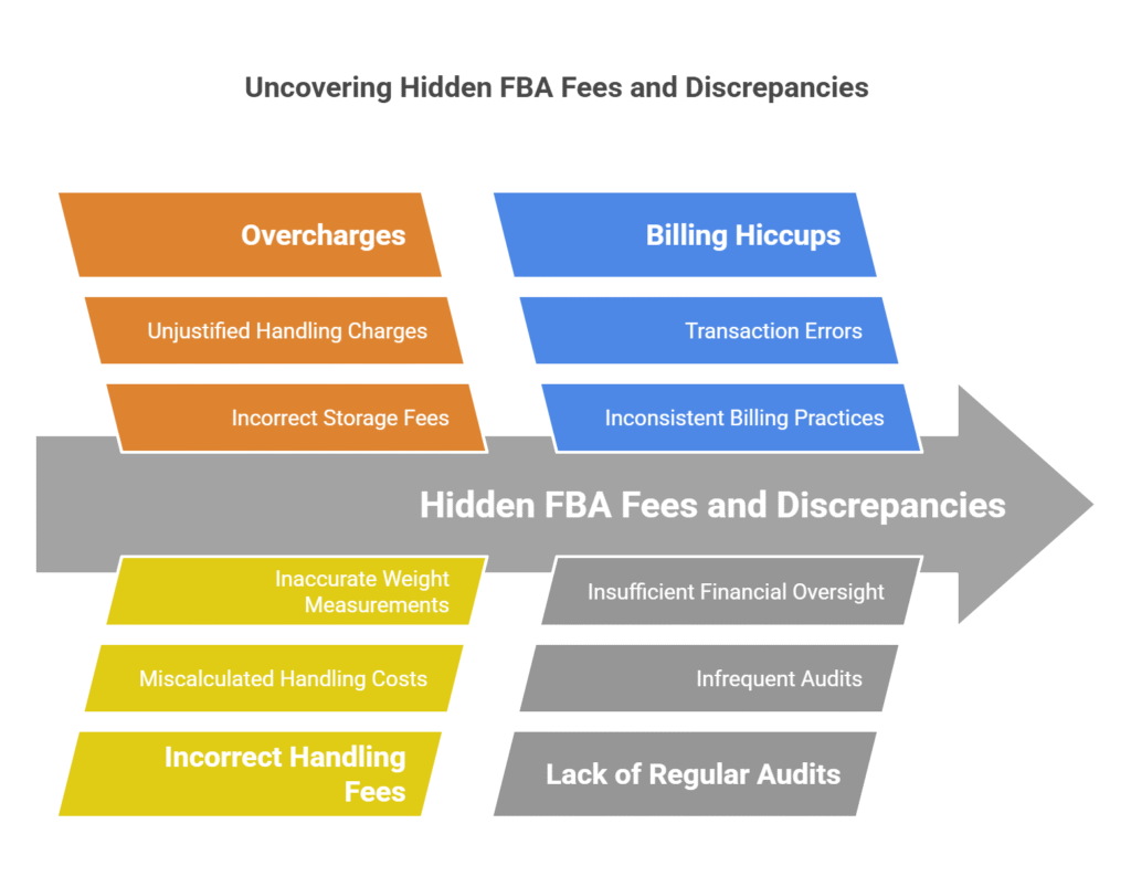 9 Quick Wins to Protect Your Profit Margin During an Ecom Tariff War 1 Breakdown of hidden Amazon FBA fees: Overcharges, billing hiccups, and contributing factors like inaccurate measurements and insufficient audits, relevant for e-commerce businesses during a tariff war.