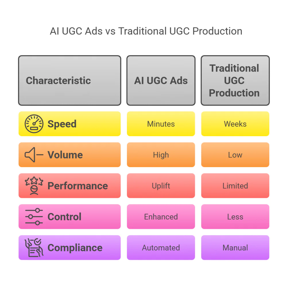 A table comparing the difference between Scaling ads with AI Ugc ads vs traditional UGC ads/