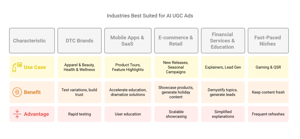 AI UGC Ads: 5 Powerful Strategies to Scale Ads with AI 4 Which industries are best suited for the best AI UGC ads