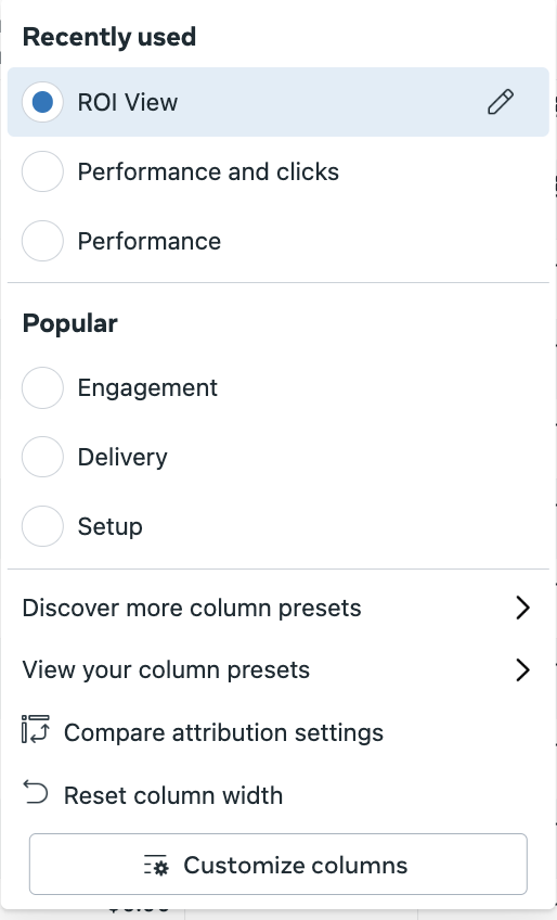 Screenshot of Meta Ads Manager 'Columns' dropdown menu, showing options like 'ROI View', 'Performance and clicks', and highlighting 'Compare attribution settings' and 'Customize columns'.