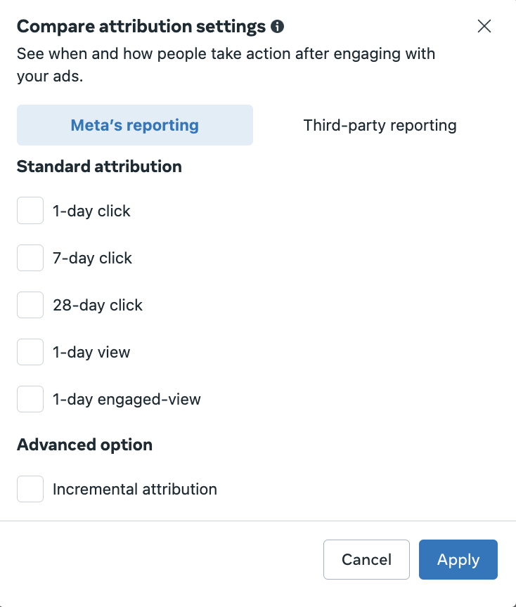 Screenshot of Meta Ads Manager 'Compare attribution settings' pop-up window, displaying checkboxes for Standard attribution options (1-day click, 7-day click, 28-day click, 1-day view, 1-day engaged-view) and an Advanced option for 'Incremental attribution'.
