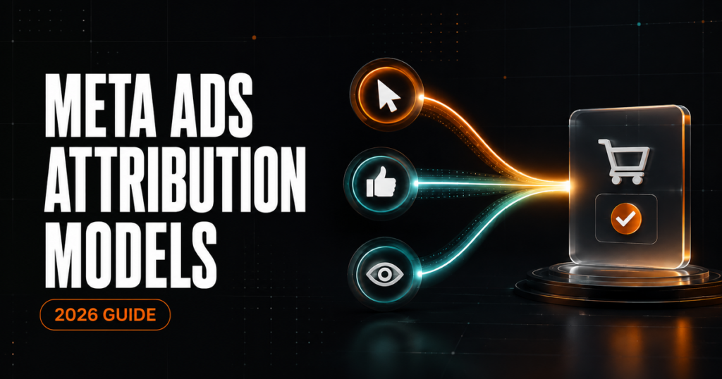 Meta Ads attribution models showing click-through, engage-through, and view-through signals leading to a verified purchase
