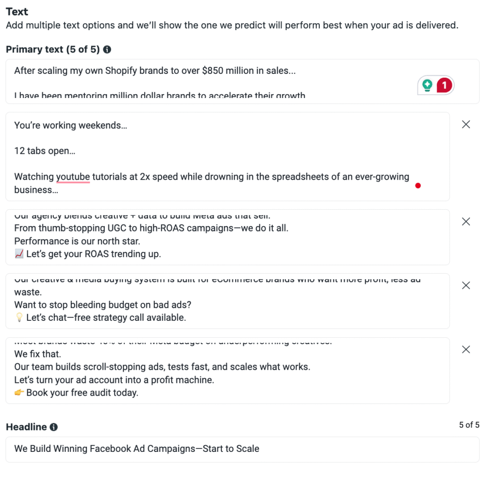 Meta Advertising Strategy 2025: Simplify Facebook Ad Campaigns for Predictable Results 3 Screenshot of Facebook ad manager and having multiple Primary Text for Facebook ads simplified.
