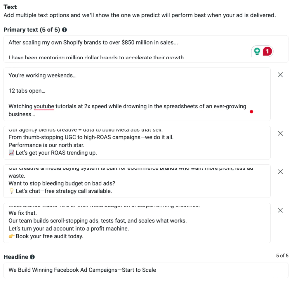 Meta Advertising Strategy 2025: Simplify Facebook Ad Campaigns for Predictable Results 3 Screenshot of Facebook ad manager and having multiple Primary Text for Facebook ads simplified.