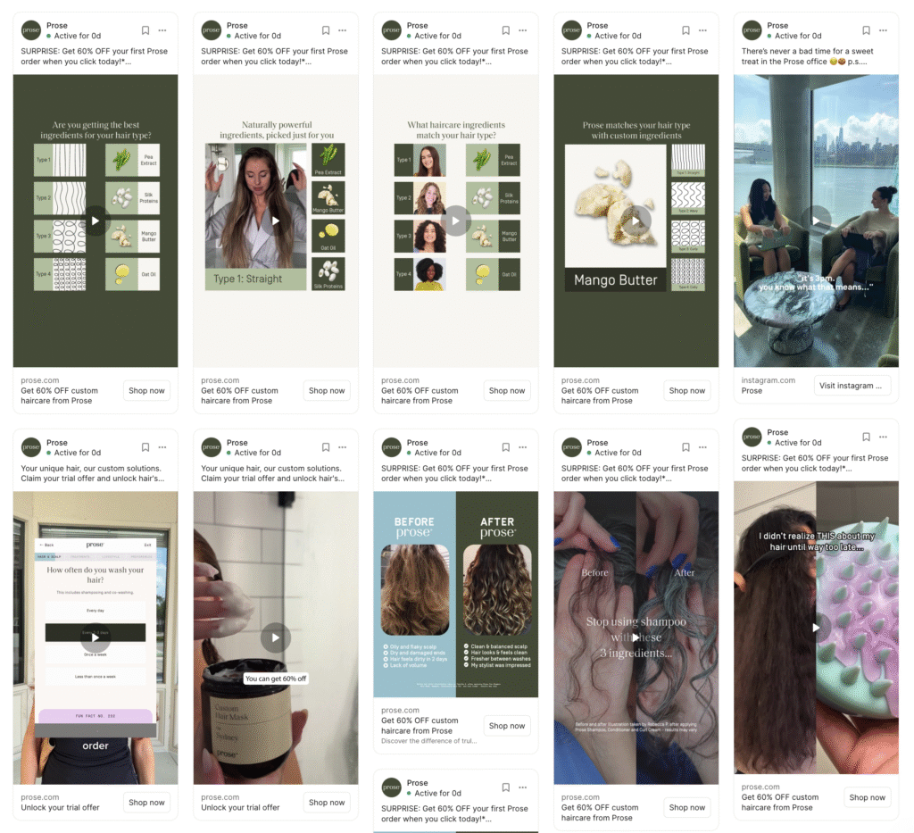 Meta Advertising Strategy 2025: Simplify Facebook Ad Campaigns for Predictable Results 4 Screenshot of a hair care brand launching multiple ads to combat ad fatigue in 2025.