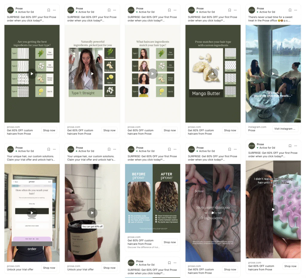 Meta Advertising Strategy 2025: Simplify Facebook Ad Campaigns for Predictable Results 4 Screenshot of a hair care brand launching multiple ads to combat ad fatigue in 2025.