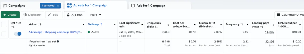 Meta Advertising Strategy 2025: Simplify Facebook Ad Campaigns for Predictable Results 5 Screenshot of how to simplify facebook ads in the Ad manager showcasing the Last Significant edit to an ad set.
