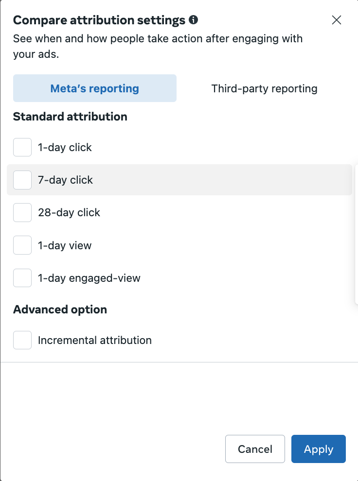 Meta Advertising Strategy 2025: Simplify Facebook Ad Campaigns for Predictable Results 6 Screenhost of Attribtuion compariosn for successful meta advertising.