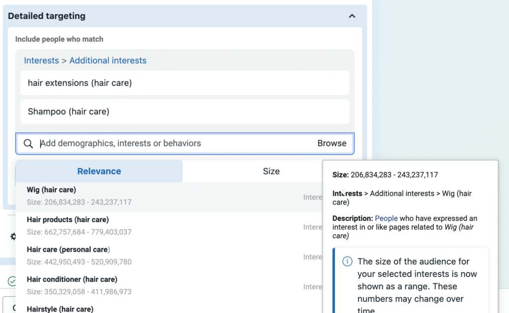 Meta Ads Targeting in 2025: How to Reach the Right People 5 Screenshot example of detailed targeting in Meta ads.