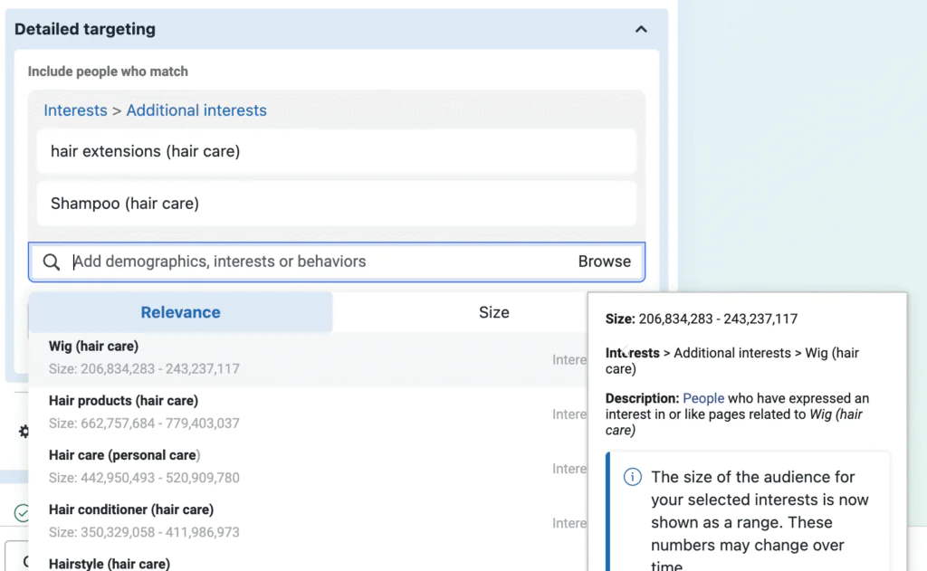 Screenshot example of detailed targeting in Meta ads.
