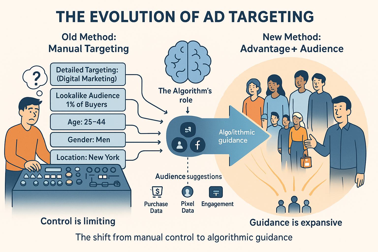 Meta Ads Targeting in 2025: How to Reach the Right People 1 Graphic showing the evolution of ad targeting on Meta Ads.
