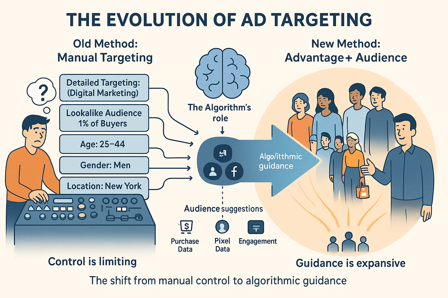 Graphic showing the evolution of ad targeting on Meta Ads.