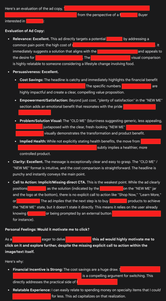 Ultimate Guide: How to Use AI Feedback for Meta Ads and Boost Creative Performance 1 Screenshot of AI Feedback for Meta Ads from Google Gemini from a real example by Florind Metalla.