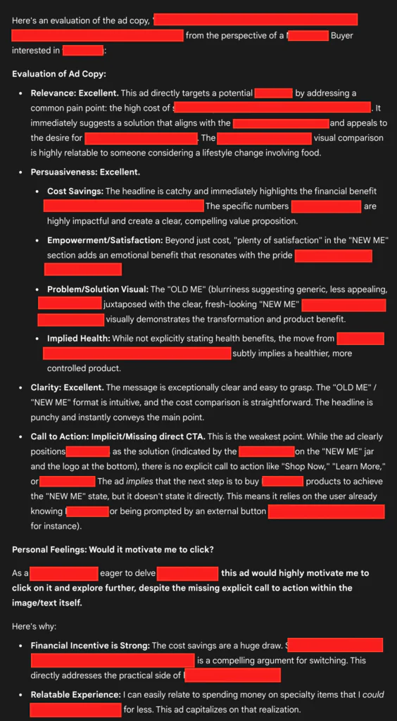 Screenshot of AI Feedback for Meta Ads from Google Gemini from a real example by Florind Metalla.