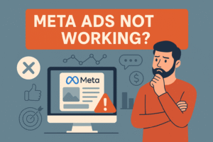 Feature image for blog post on Meta ads not working, showing a marketer analyzing Facebook Ads performance data with charts, targeting icons, and conversion metrics to troubleshoot campaign issues.