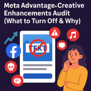Meta Advantage+ creative enhancements audit illustration showing Facebook ads automation risks, with icons for overlays, music, and comments, highlighting what to turn off and why to optimize Meta ads creative.