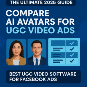 A modern blue-themed feature image for a 2025 guide on AI avatars in UGC video ads. The design shows two photorealistic avatars (male and female), a comparison checklist, and bold text highlighting “Comparing AI Avatars for UGC Video Ads” and “Best UGC Video Software for Facebook Ads.”