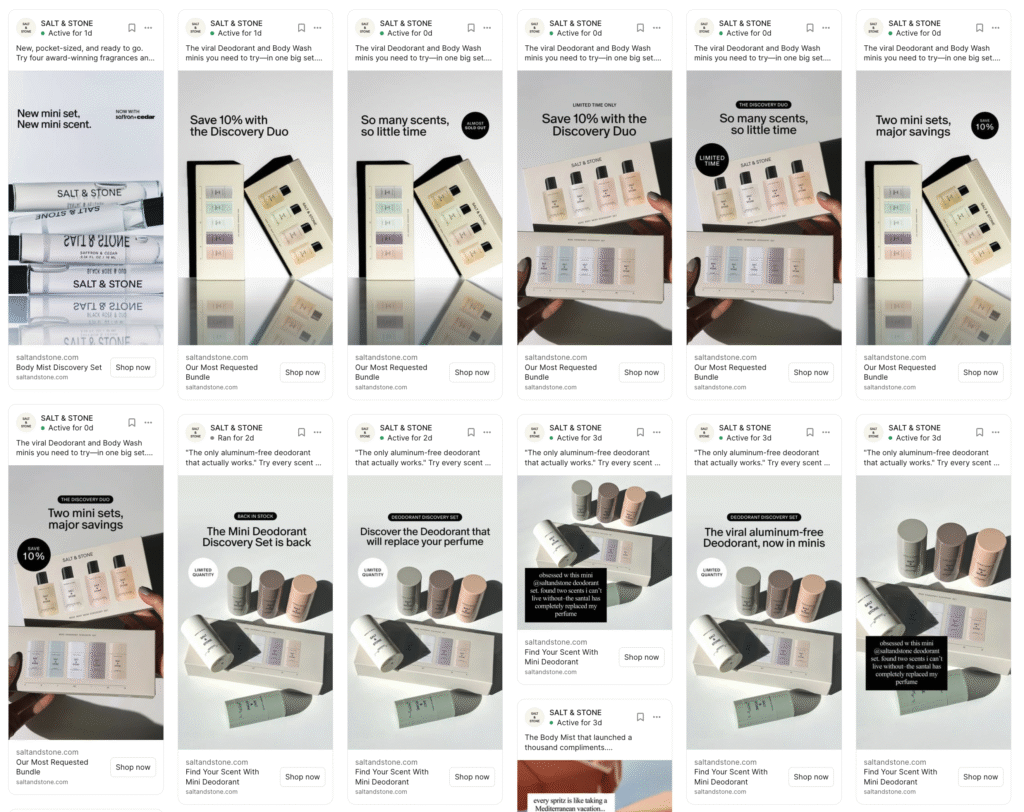 Meta Ads Not Working (5 Easy Fixes) 2 Example of Salt & Stone Meta ads using consistent discount offers and product bundles to encourage repeat purchases and customer retention, preventing the 'Meta ads not working' issue for D2C brands.