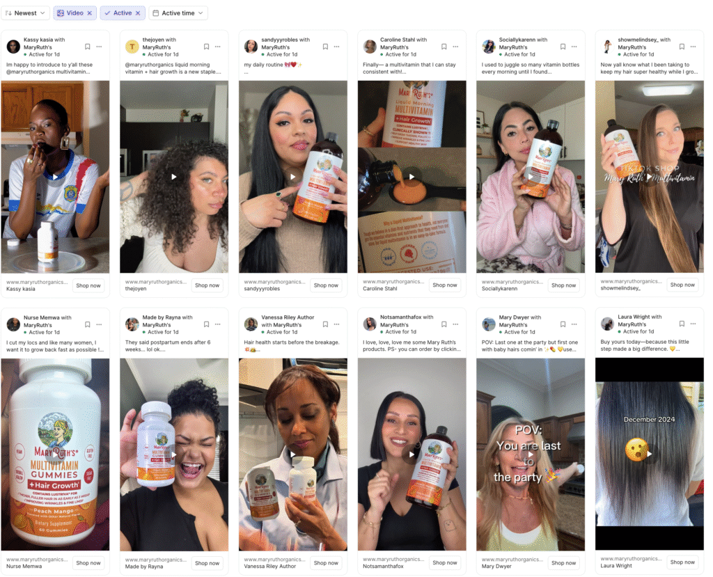A screenshot showing a grid of partnership ads for MaryRuth's Multivitamin Gummies and Liquid Morning Multivitamin. The ads feature a variety of social media creators holding the products, demonstrating a high-output Meta ad creative engine and a successful strategy for scaling Facebook ads.