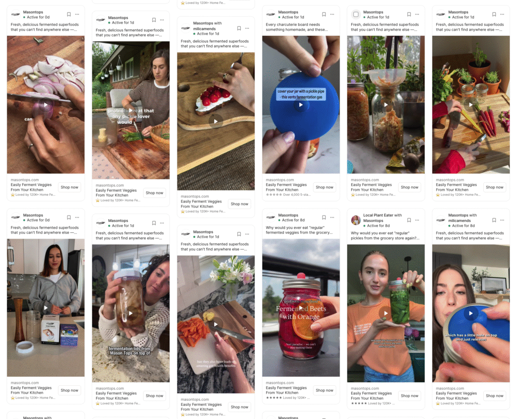 A screenshot of a grid of ad creative for Masontops, featuring static images and short videos. This visual demonstrates a systematic Meta ad creative engine and content pipeline where new ads are launched on a consistent basis to maintain performance and prevent ad fatigue.