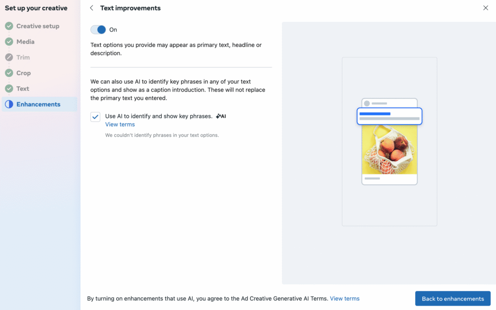 10 Meta Advantage+ Creative Enhancements (What to Turn Off & Why) 3 Meta Advantage+ Text Improvements feature in Facebook Ads Manager showing AI mixing headlines, primary text, and descriptions