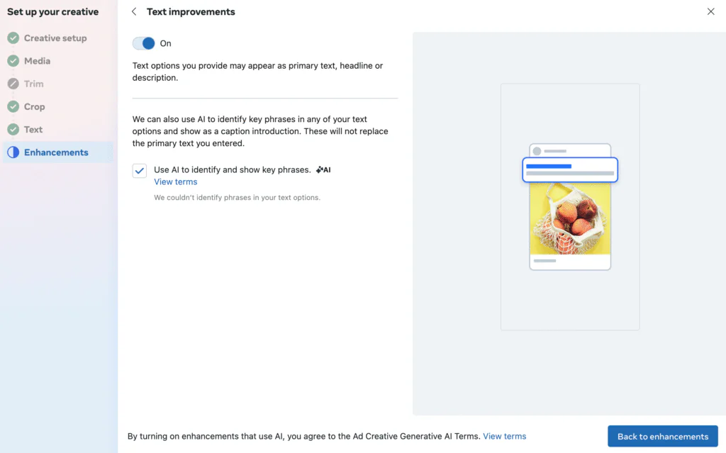 Meta Advantage+ Text Improvements feature in Facebook Ads Manager showing AI mixing headlines, primary text, and descriptions