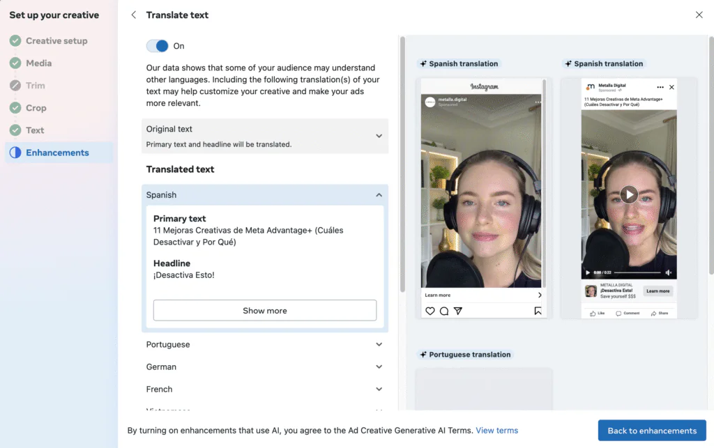 Meta Advantage+ Translate Text feature preview in Ads Manager showing ad translations into Spanish, Portuguese, German, and French.