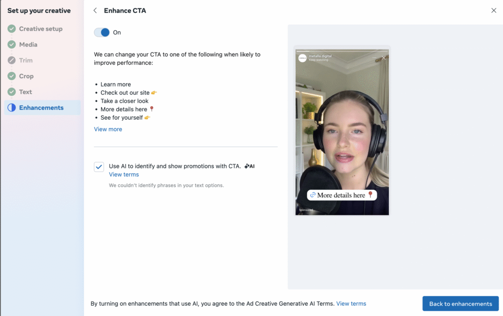 10 Meta Advantage+ Creative Enhancements (What to Turn Off & Why) 4 Meta Advantage+ Enhance CTA feature in Ads Manager showing AI-generated call-to-action text changes for optimizing Meta ads creative