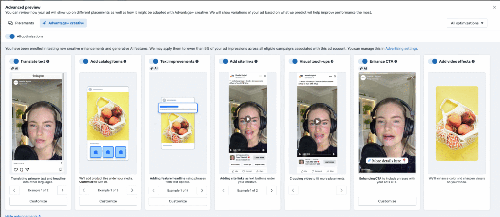 10 Meta Advantage+ Creative Enhancements (What to Turn Off & Why) 1 Meta Advantage+ creative enhancements preview in Ads Manager including translate text, catalog items, text improvements, site links, visual touch-ups, enhance CTA, and video effects.