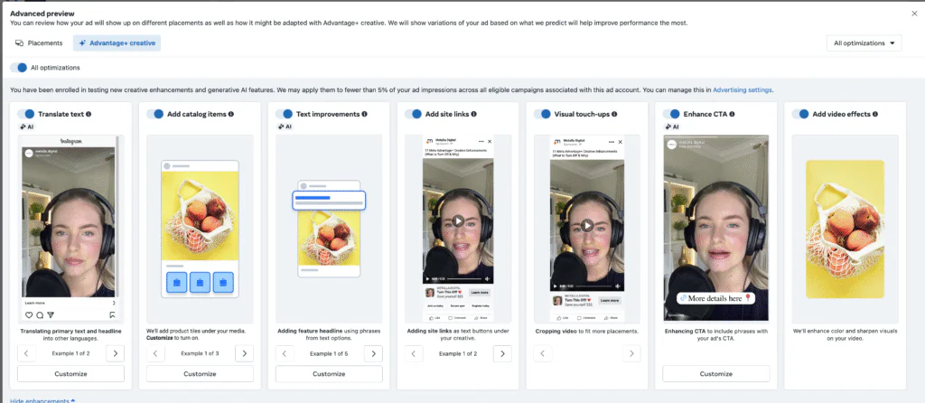 Meta Advantage+ creative enhancements preview in Ads Manager including translate text, catalog items, text improvements, site links, visual touch-ups, enhance CTA, and video effects.