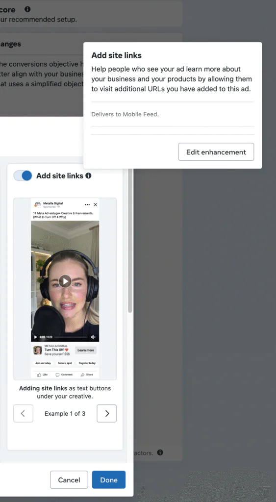 Meta ads creative audit showing Add Site Links enhancement in Facebook Ads Manager with warning about directing users to random URLs.