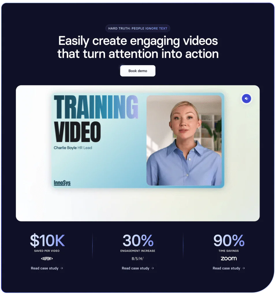 Screenshot of Synthesia home page compare ai avatars for ugc video ads.