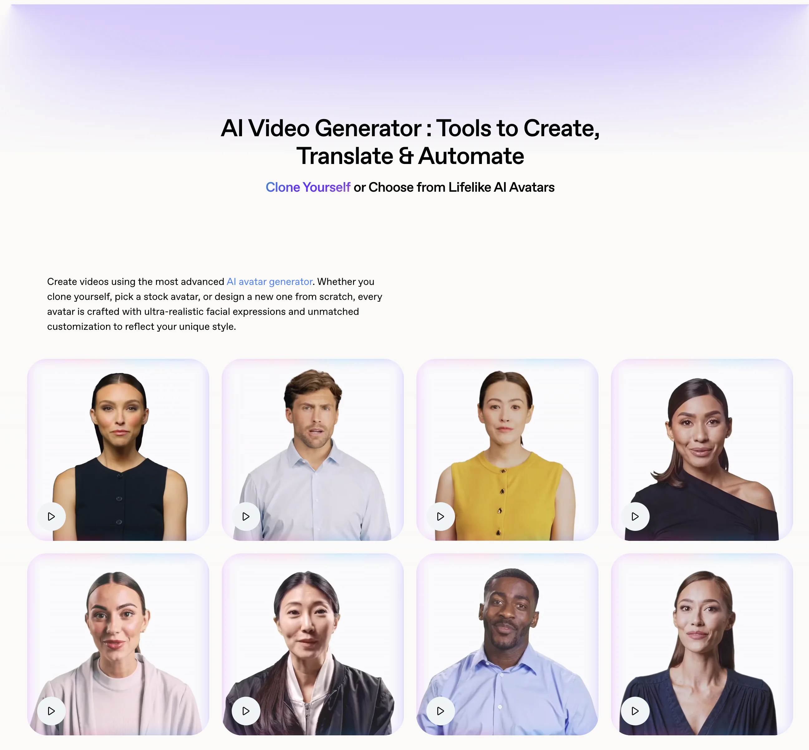 Screenshot of HeyGen home page compare ai avatars for ugc video ads.