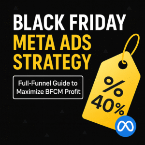 Black Friday Meta Ads Strategy title on a black background, with a yellow price tag showing 