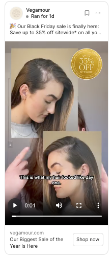 Example of Black Friday Meta Ads Strategy video with 35% off sitewide offer.