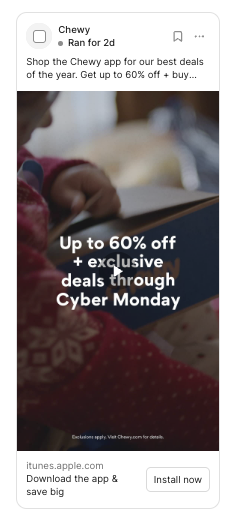 Example of Black Friday Meta Ads Strategy ad of up to 60% off video ad example.